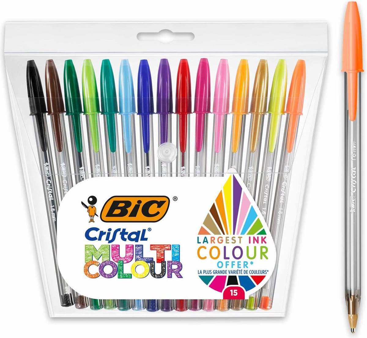 Bic Cristal Mehrfarben-Kugelschreiber mit breiter Spitze (1,6 mm) – verschiedene Farben – Packung mit 15 Stück