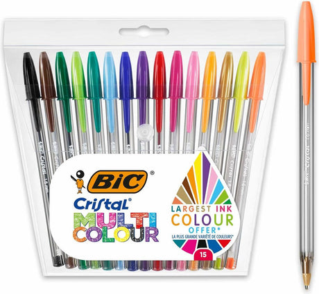 Bic Cristal Mehrfarben-Kugelschreiber mit breiter Spitze (1,6 mm) – verschiedene Farben – Packung mit 15 Stück