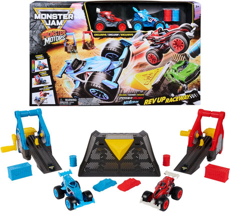 Monster jam - monster motors rev up raceway speelset met 2 exclusieve monster trucks megalodon en power rush - vanaf 3 jaar