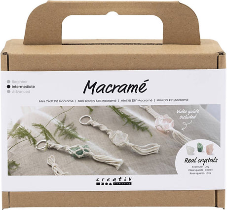 Creativ Company Mini-Hobby-Set Makramee, Schlüsselanhänger, matt transparent, staubiges Grün, zartes Rosa, helles Natur, 1 Box