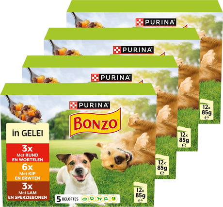 Bonzo Mahlzeitenbeutel für Erwachsene – Hundefutter, Nassfutter – Rind, Huhn, Lamm – 48 x 85 g