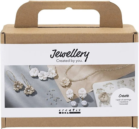 Creativ Company Mini-Hobby-Set Schmuck, Ohrringe, Armband und Halskette mit Blumendesign, Beige, Hellbeige, Beige, 1 Box