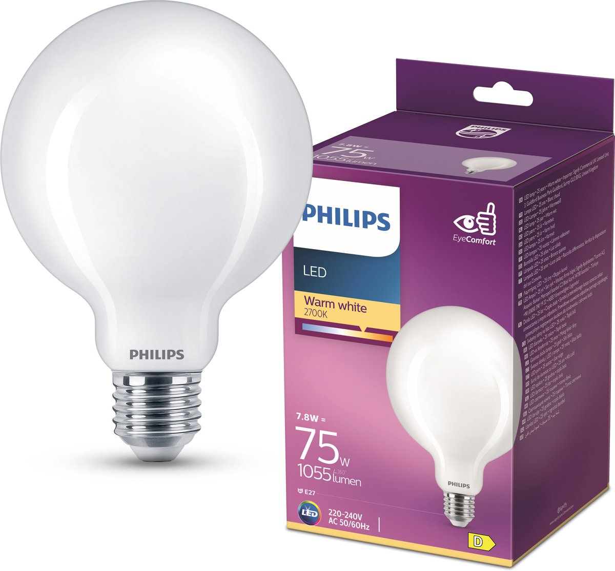 Philips led lamp - globelamp met e27 fitting - warmwit licht: 2700k - 75w - mat glas