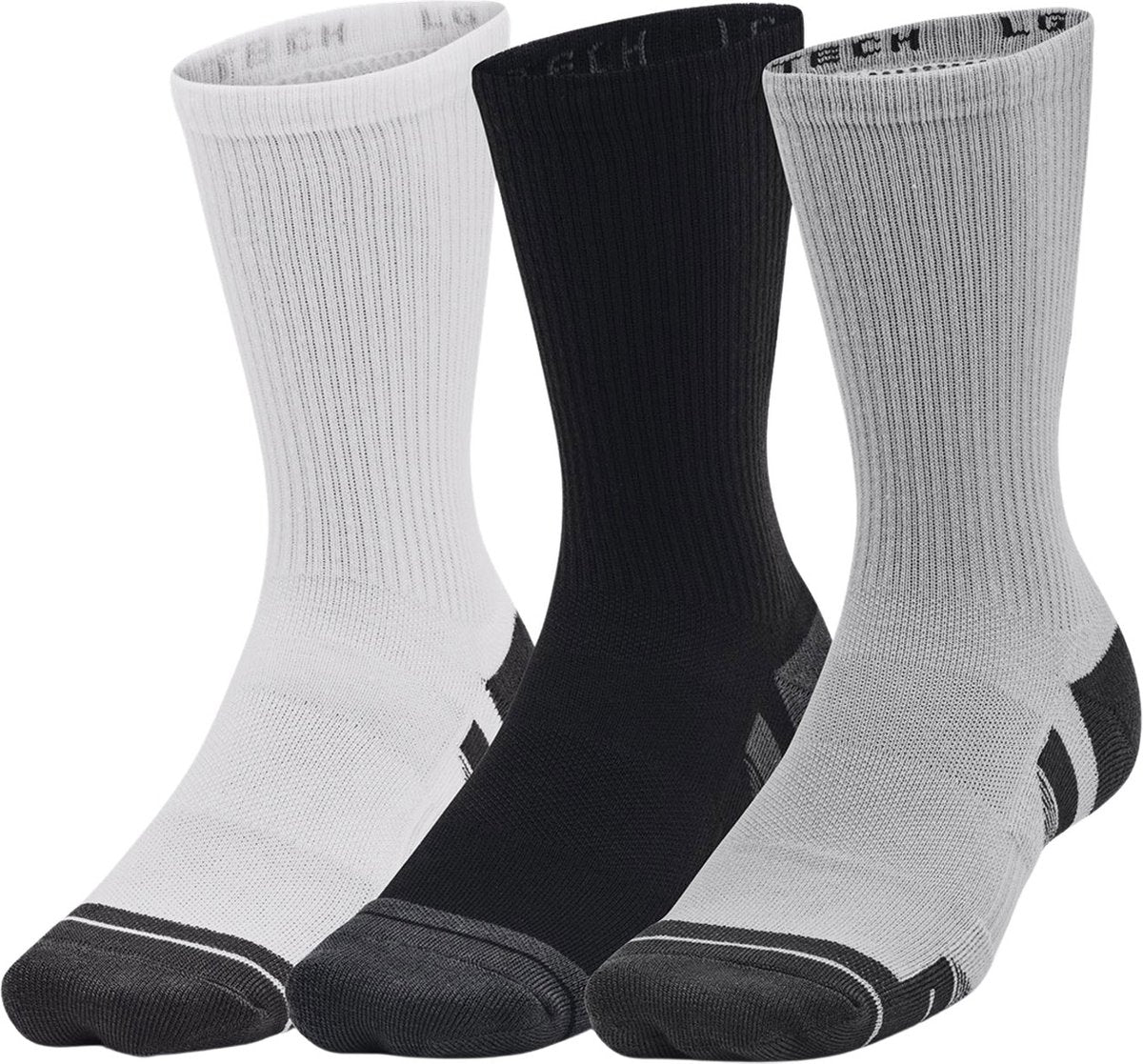 Under Armour UA Performance Tech 3pk Crew-Gray Unisex-Sportsocken – Mod Grey – Weiß – Jet Grey