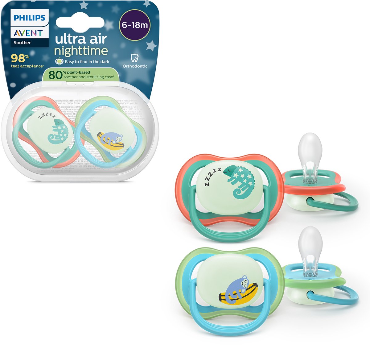 Philips avent ultra air night – glow-in-the-dark fopspeen –(6-18 mnd) extra luchtopeningen – 2 stuks - scf376 28