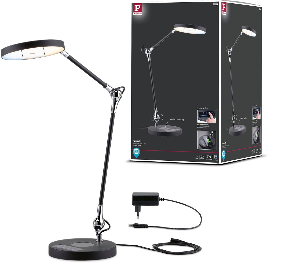 Paulmann LED Schreibtischleuchte Numis Qi Weiß Schalter 1000lm 11W Schwarz