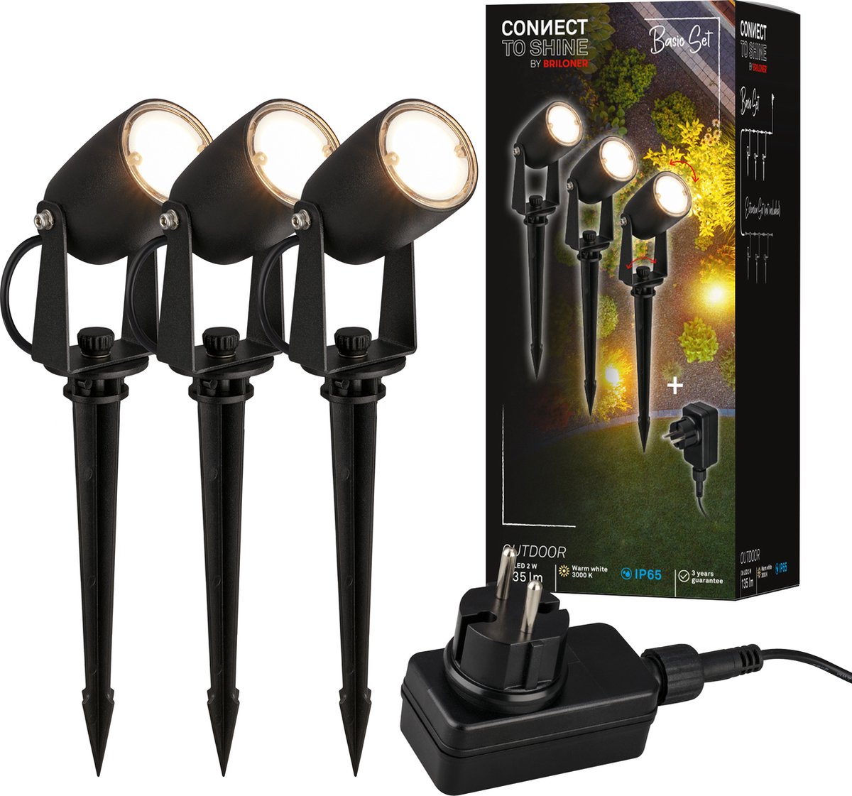 Briloner Connect to Shine – Spike Spot – 3er-Set – Gartenstrahler Starter-Set – Gartenbeleuchtung – IP65 – warmweißes Licht – ø4x2,5 cm – 1,5 m Kabel