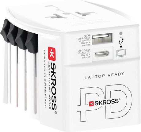 Skross – Weltreiseadapter außer Pro 2-polig + 1 USB-Schnellladegerät + 1 Typ C 2500 mA weiß