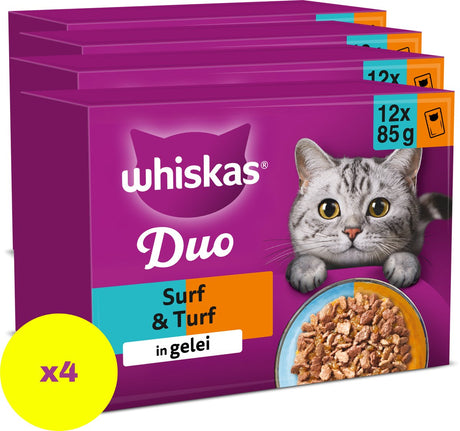 Whiskas Katzenfutter – Erwachsene ab 1 Jahr – Duo Surf Turf in Gelee – 4 x 12 x 85 g