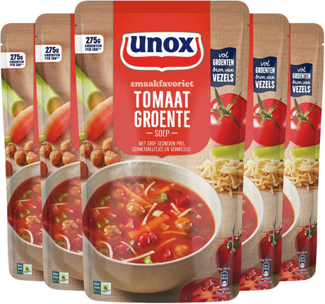Lieblingssuppe mit Unox-Geschmack im Beutel – Tomatengemüse – eine gefüllte Suppe mit leckerem Gemüse und Fleischbällchen – 5 x 570 ml