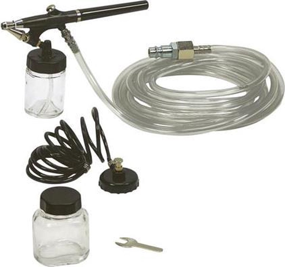 Stanley Airbrush-Set für Kompressor, 5-teilig, 15 l min 3 bar mit Airbrush-Pistolenschlauch, Spiralschlauch, 2 Reservoirs und Multifunktionsschlüssel, für den Modellbau, Make-up, Möbel, Auto