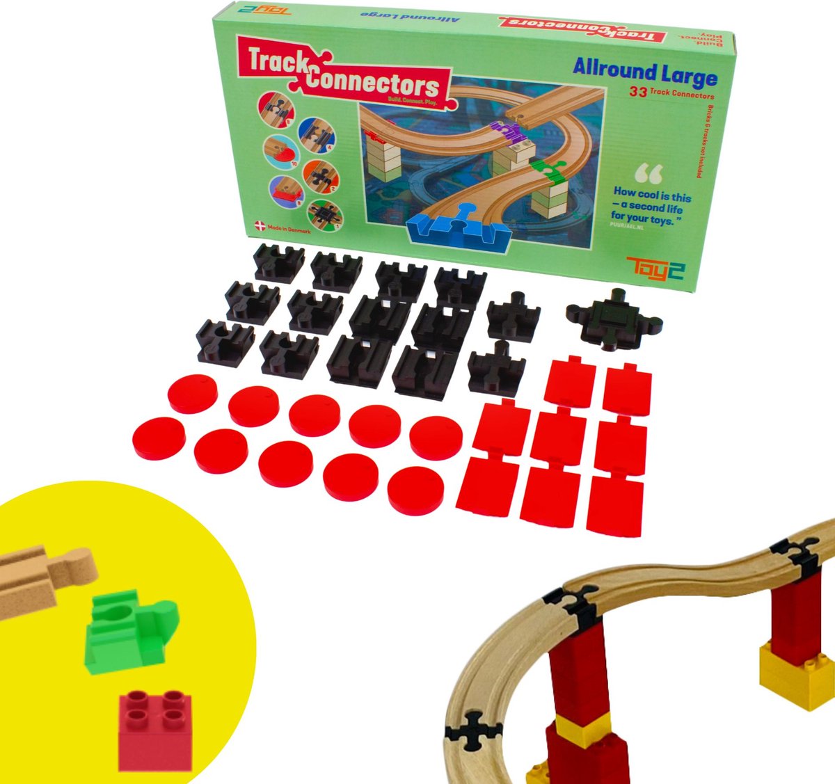 Toy2 rundum groß – 33 Brio-Adapter – Bahngleisteile – Bahngleis aus Holz – passend für bekannte Bausteine und Bahngleise unter anderem von Bandits Angels