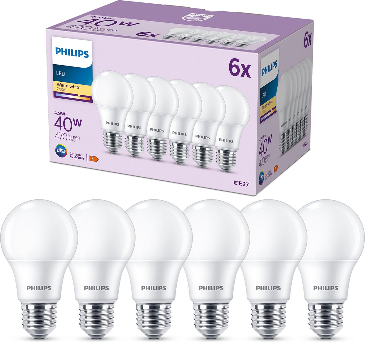 Philips led lamp mat - 40 w - e27 - warmwit licht - 6 stuks