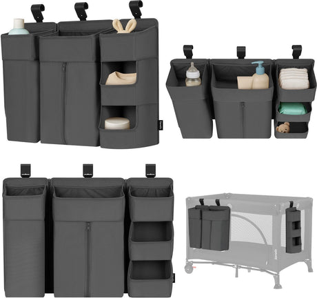 Lionelo Seitentasche groß – Nachttischtasche, Kinderbett-Organizer 58×11×58 cm – 3-teiliges modulares Design mit Reißverschlusstasche – für Reisebett, Beistellbox – verstärkt, multifunktional herausnehmbar – Windeln, Feuchttücher-Zubehör