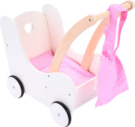 Engelhart Puppenlaufwagen rosa weiß – Puppenwagen aus Holz mit Matratze, Decke, Kissen-Aufbewahrungstasche – für alle Puppen geeignet –
