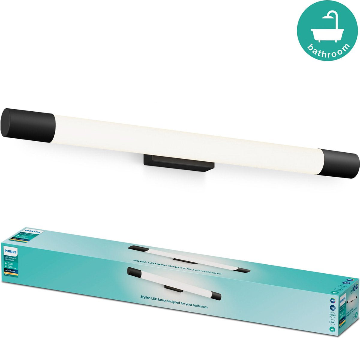 Philips led philips rover spiegelverlichting - spatwaterdicht ip44 - 10w - warmwit licht - badkamerlamp - cilindervormig - zwart