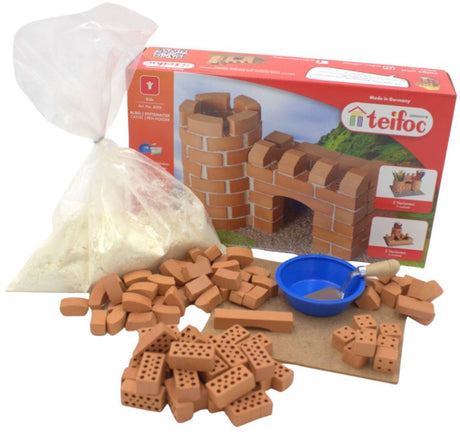 Teifoc® Baukasten – Kleine Burg – 100 Teile – echte Mini-Steine mit Zement, Schüssel und Kelle – Bausatz für Kinder ab 6 Jahren