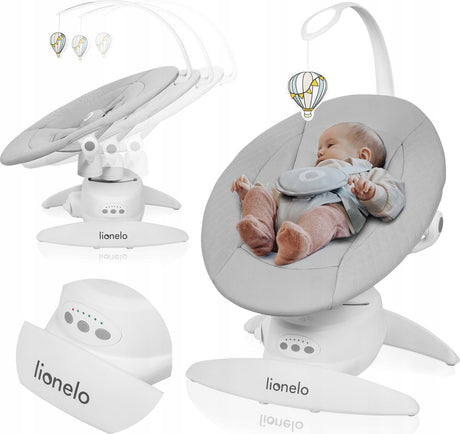 Lionelo Iris Premium Babyschaukel – 360° drehbarer Sitz – 3 Rückenpositionen – 3 Schaukelbewegungen – 5 Geschwindigkeitsstufen – 12 Melodien – Spielbogen – waschbare Polsterung – bis 9 kg – Babyschaukelstuhlwippe