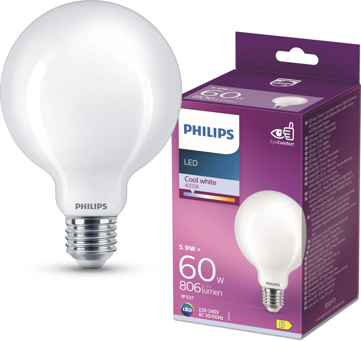 Philips led lamp - globelamp met e27 fitting - koelwit licht: 4000k - 60w - mat glas