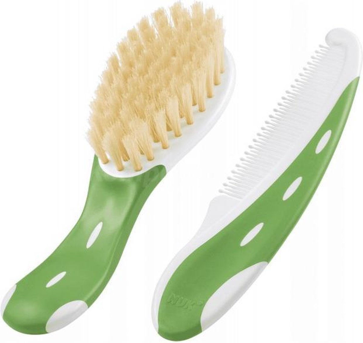 Nuk Babybürste aus 100 Naturhaaren mit Kamm mit abgerundeten Spitzen grün