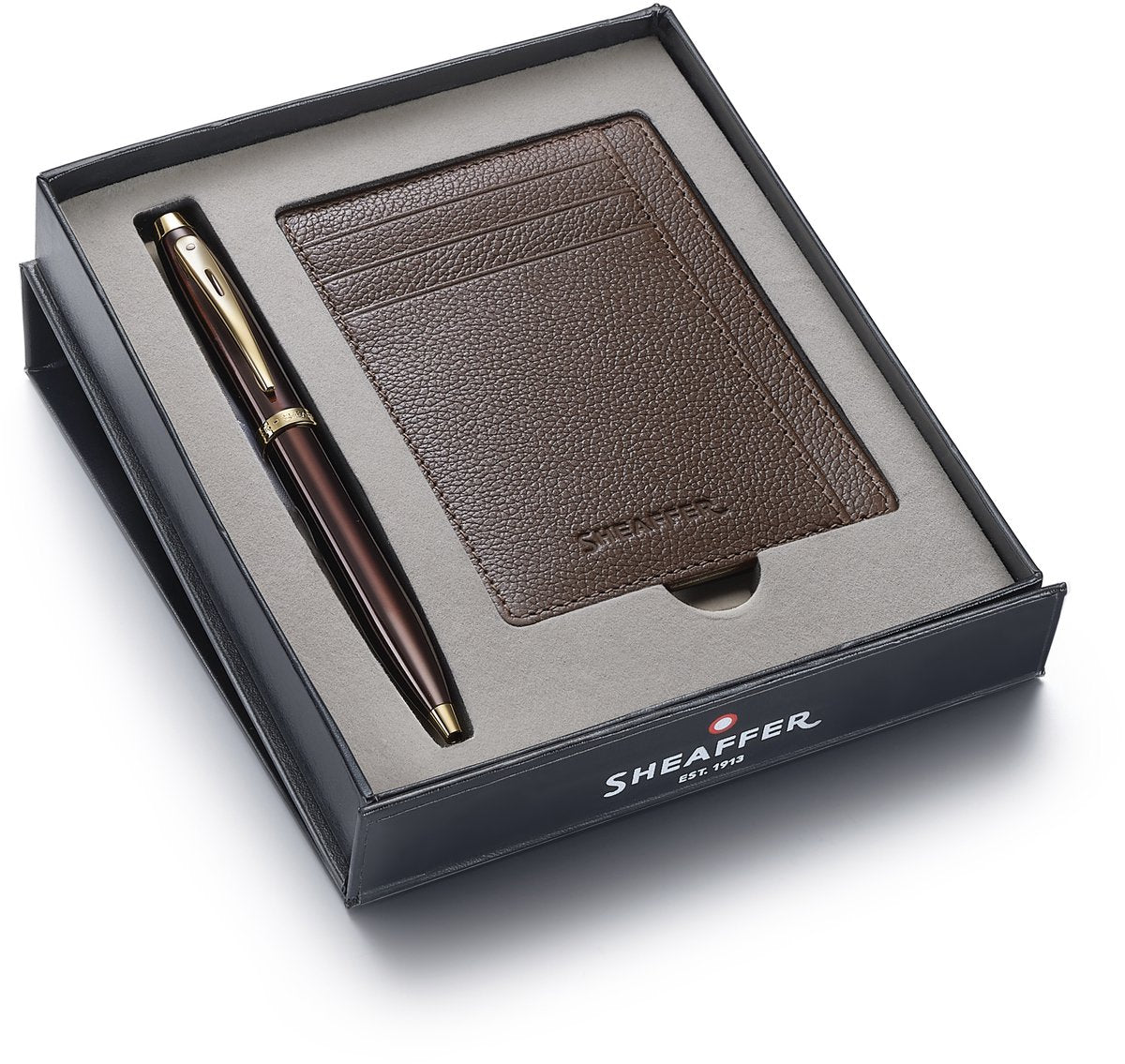 Sheaffer Kugelschreiber-Geschenkset 100 9370 – glänzender brauner Goldton – mit Kreditkartenetui – rustikales Mokka – SF-G2937051-2