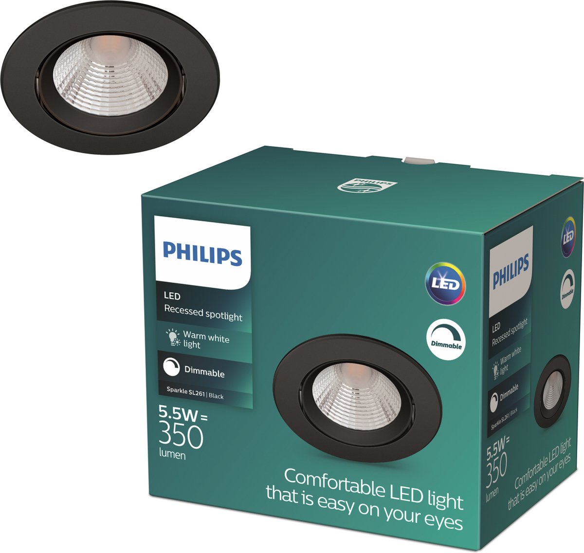 Philips led philips sparkle inbouwspot - dimbaar met dimschakelaar - 5.5w - warmwit licht - zwart