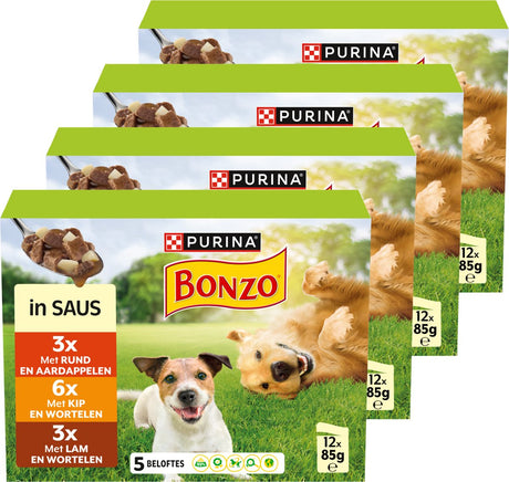 Bonzo-Mahlzeitenbeutel in Soße – Hundefutter Nassfutter – Rind, Huhn, Lamm – 48 x 85 g