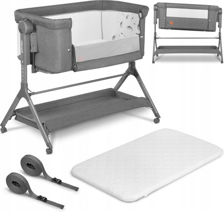 Lionelo Leonie Plus – Beistellbett 3 in 1 Kinderbett und Babybett – Kinderbett bis 9 kg – Höhenverstellung in 6 Stufen – Schaukelfunktion – T25-Matratze – Aufbewahrungskorb – Rollen – abnehmbare Bezüge