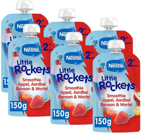 Nestlé Little Rockets Squeeze Obst Apfel Erdbeere Banane Karotte – Snacks für Kleinkinder ab 2 Jahren – 6 Stück x 150 g