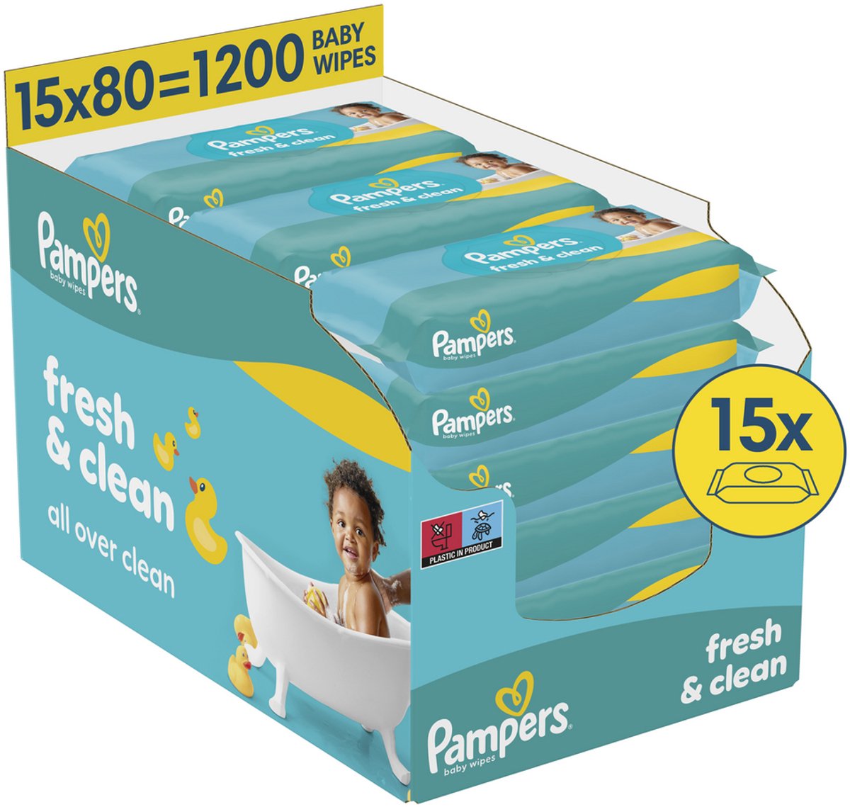 Pampers Fresh Clean Babytücher, 15 Packungen = 1200 Tücher