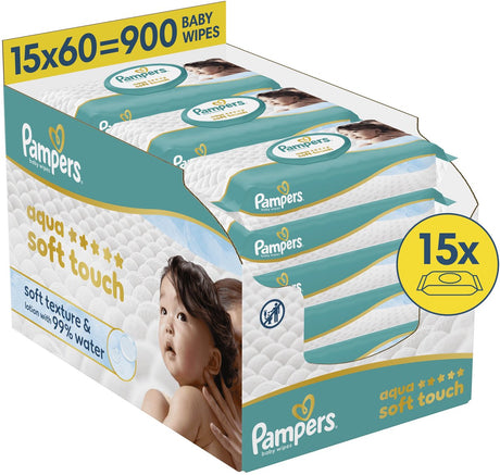 Pampers Aqua Soft Touch Babytücher, 15 Packungen mit 60 Tüchern = 900 Tücher