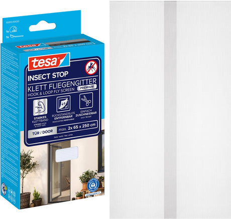 Tesa Insect Stop H L Fliegengitter Premium für Türen – Insektenschutz für Tür mit Klettverschluss, abnehmbar, weiß – 120 x 250 cm