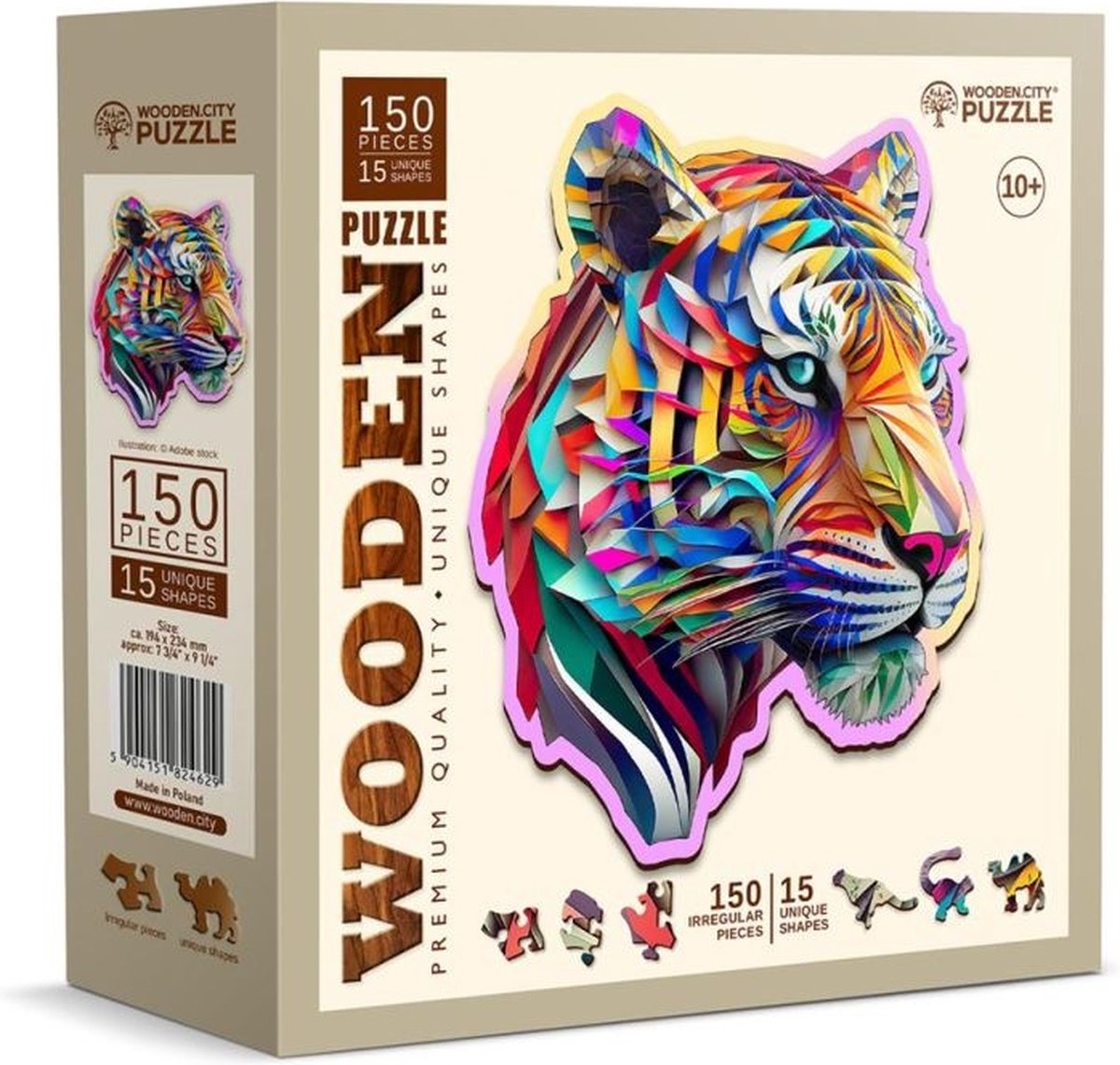 Hölzerne Stadt mit Stadtpuzzle – bunter Tiger.