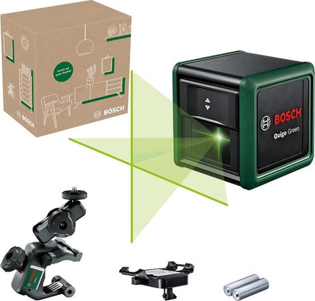 Bosch Quigo Green - Kreuzlinienlaser - inklusive Universalklemme mm2 - Adapterplatte - Batterien