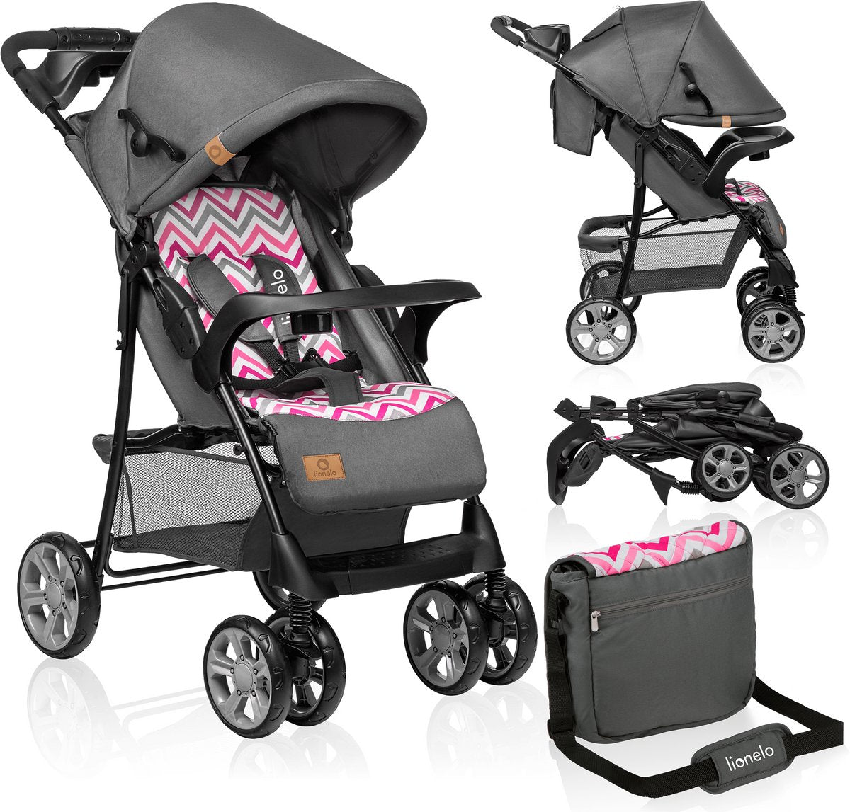 Lionelo Emma Plus Buggy und Kinderwagen – leicht und langlebig – verstellbare Rückenlehne bis Liegeposition – XXL-Markise mit Fenster – großer Korb – Organizer und Tasche – Stoßdämpfer – 5-Punkt-Gurt – bis 15 kg – kompakt faltbar