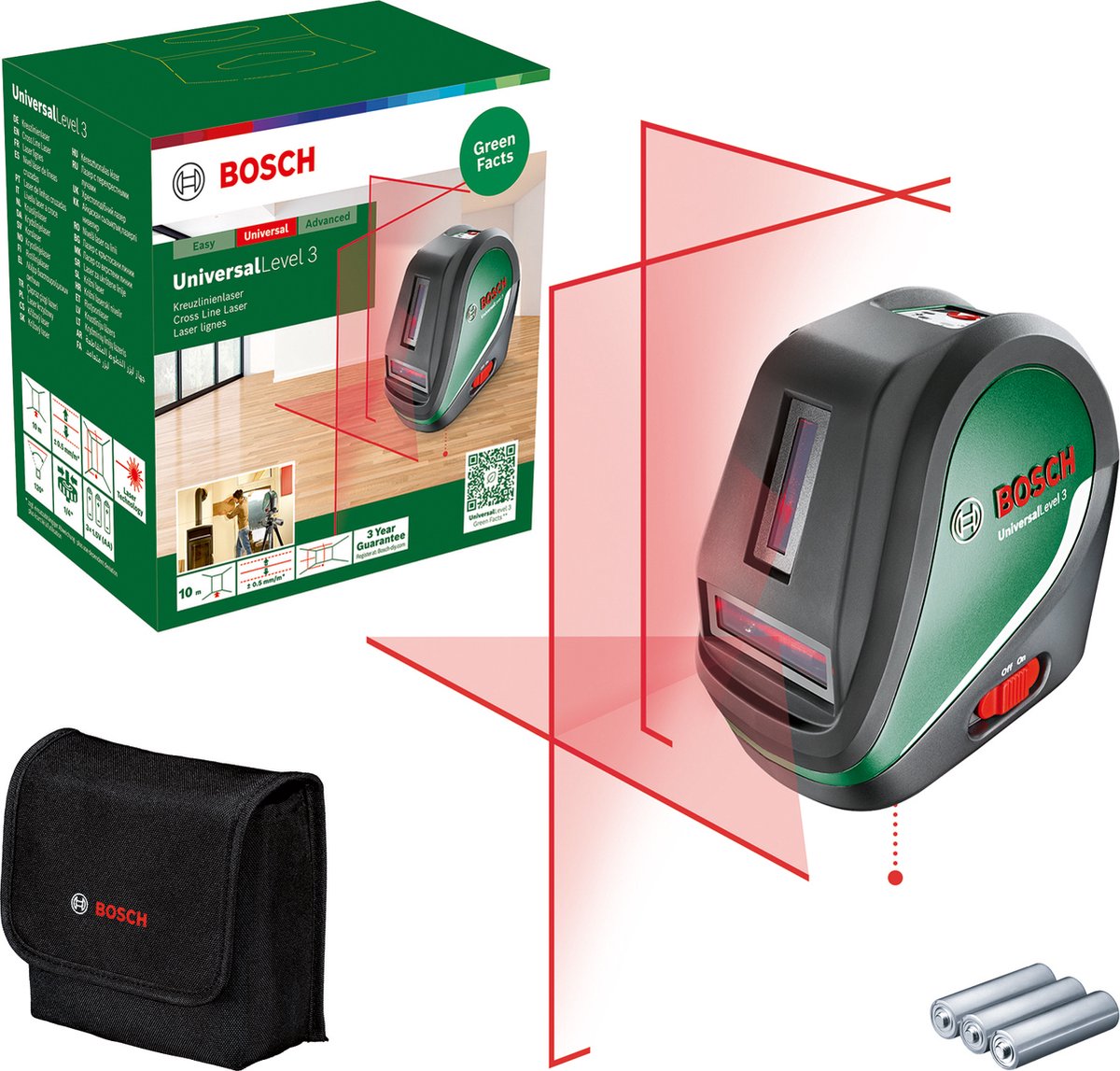 Bosch universallevel 3 - Kreuzlinienlaser - Lotpunkt oben und unten - inklusive Batterien - Aufbewahrungskoffer
