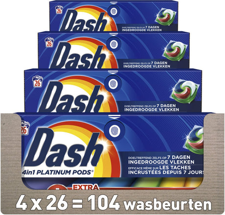 Dash 4in1 Waschmittel-Pods + extra Fleckenentfernung für Buntwäsche – 4 x 26 Wäschen