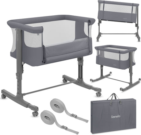 Lionelo Aurora 3in1 Beistellbett – Babybett bis 9 kg – Mitwachsbett – 4 Rollen mit Bremse – Campingbett – höhenverstellbar – atmungsaktives Netz – inklusive Matratzen-Transporttasche – abnehmbarer Bezug