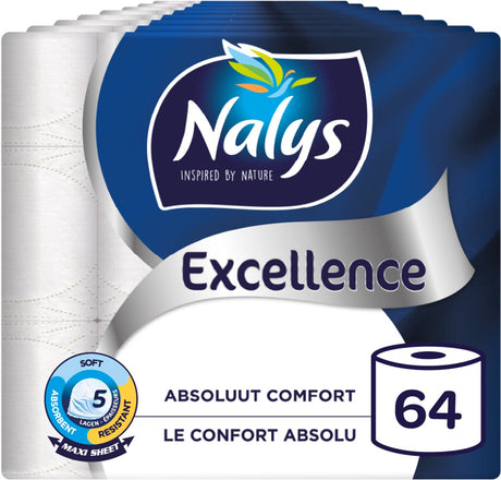 Nalys Excellence Toilettenpapier – 64 Rollen – Maxiblätter (5-lagig) – Vorteilspackung – Papierverpackung