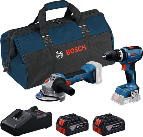 Bosch Professional 18V Toolkit – Kombinationsset – GWS 18V-8 + GSB 18V-65 + 2x GBA 18V 4,0 Ah + Gal 18V-40 Ladegerät