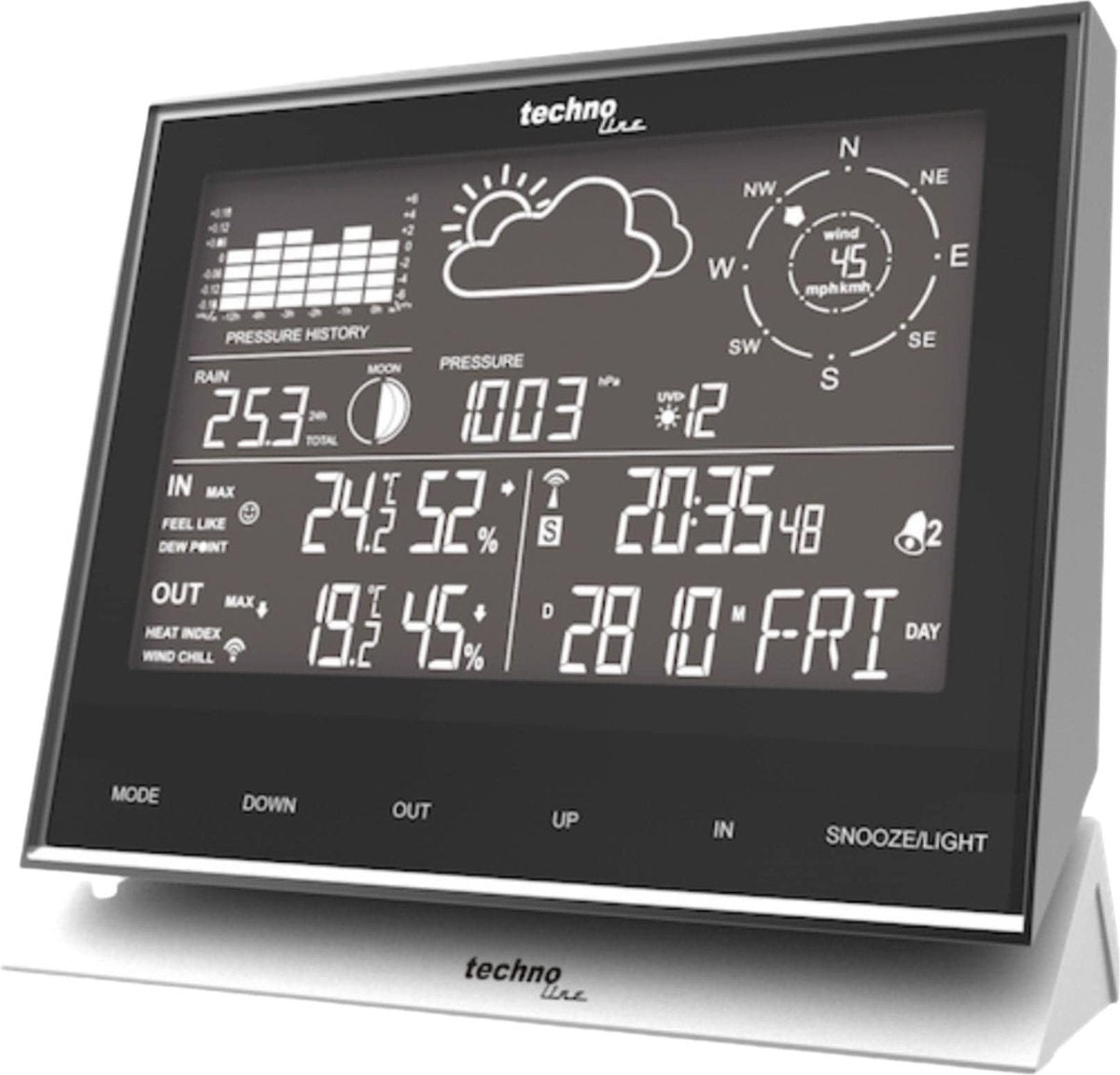 Technoline Wetterstation – ws 1700 – 138 x 153 x 53 mm – Aluminium schwarz – mit 3 Außensensoren 100 m – tl-ws1700