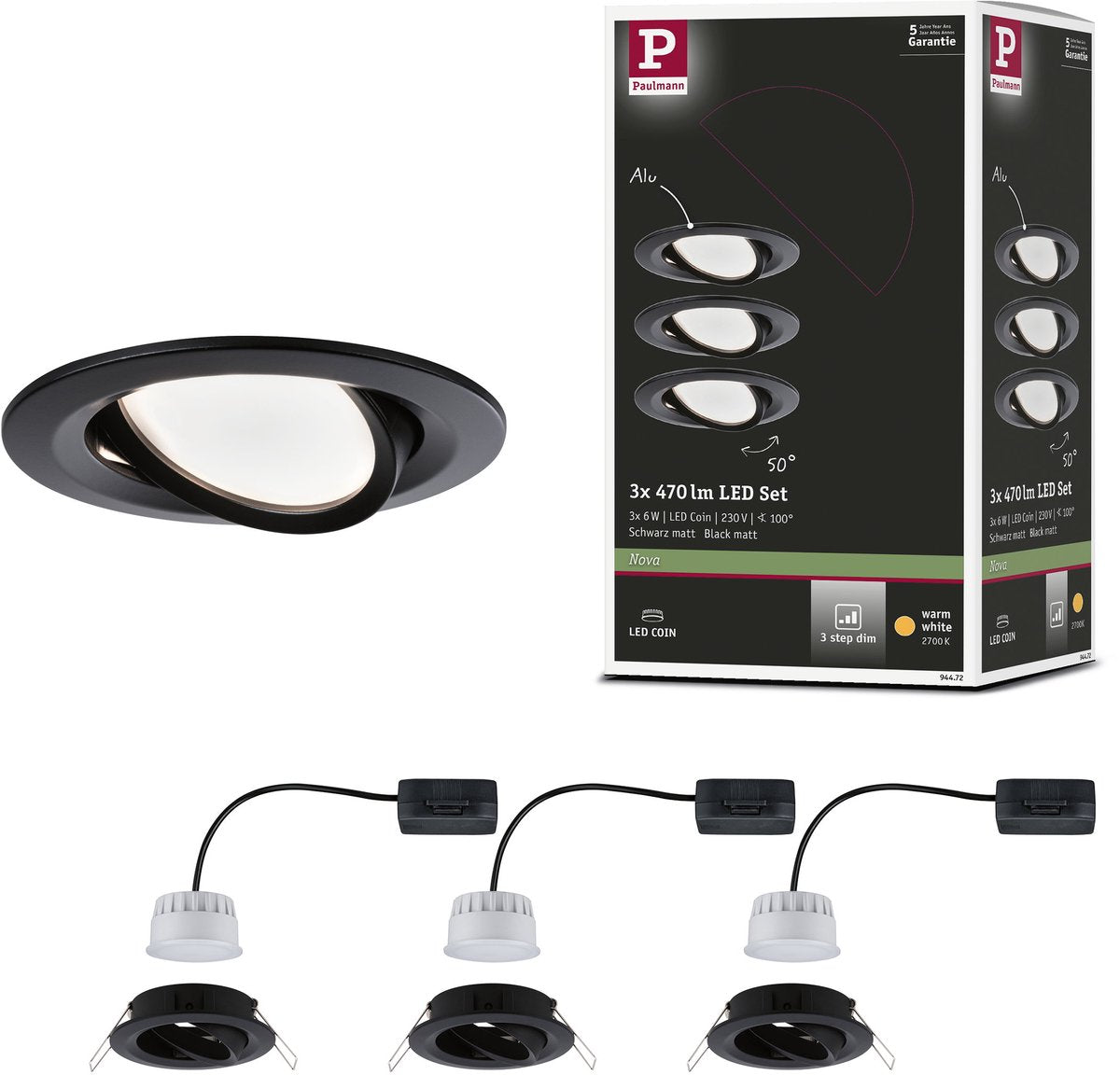 Paulmann LED Einbauleuchte Nova Coin schwenkbar rund 84 mm 50° Coin 3x6W 3x470lm 230V dimmbar 2700K Schwarz matt
