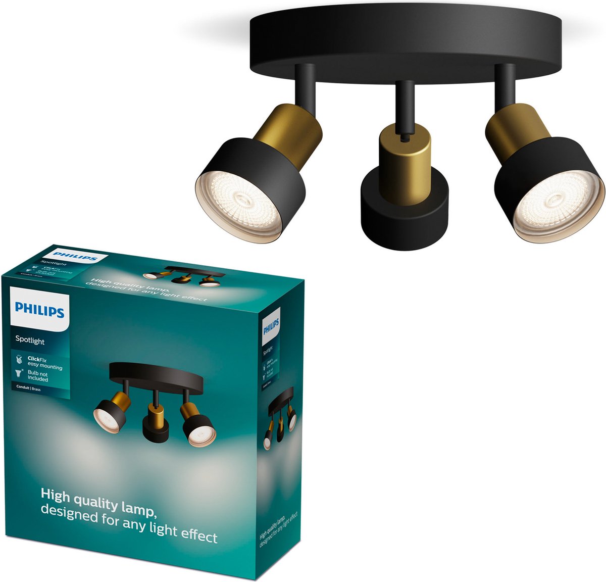 Philips led philips conduit spot - plafondspot met drie lichtpunten - zwart met goud design - gu10 led fitting - ronde basisplaat