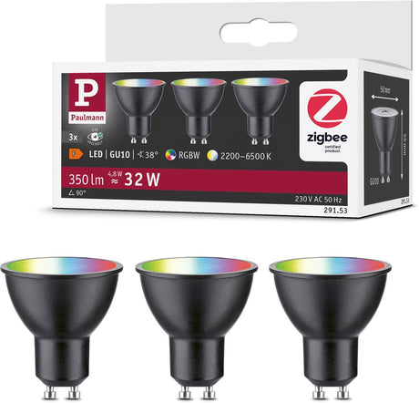 Paulmann Standard 230V Smart Home ZigBee 3.0 LED Reflektor Gu10 3x350LM 3x4,8W RGBW+ Dimmbar Schwarz Matt