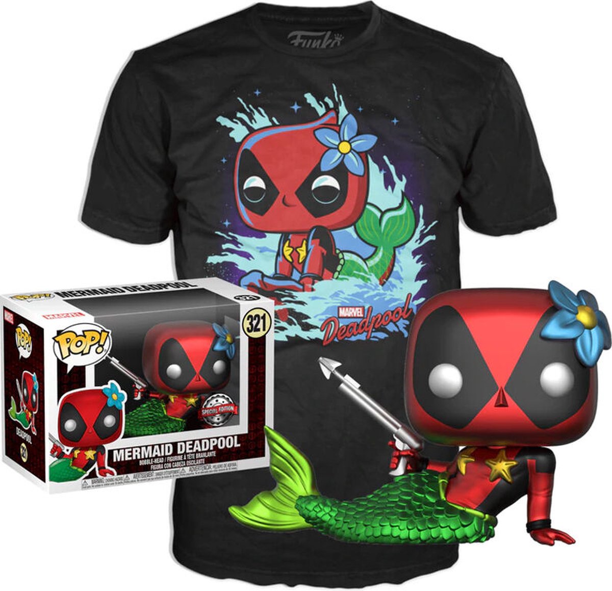Funko-Pop! Marvel Deadpool: Set Figur und T-Shirt – exklusive Deadpool-Meerjungfrau, Größe M