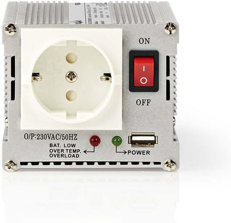 Nedis Wechselrichter modifizierte Sinuswelle – Eingangsspannung: 24 V DC – Gerätestromausgang: Typ F (CEE 7 3) USB-A – 230 V AC 50 Hz – 300 W – Spitzenleistung: 600 W – Batterieklemmen + Feuerzeug – Silber
