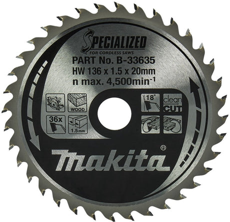 Makita Zubehör Kreissägeblatt | Holz | 136x20x1,5 36t 18g - b-33635