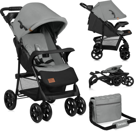 Lionelo Emma Plus – Buggy – leichter und langlebiger Kinderwagen – 5-Punkt-Gurt – Rückenlehnenverstellung bis in Liegeposition – verlängertes Verdeck mit Fenster – großer Korb – praktische Tasche und Organizer – Stoßdämpfer – geeignet für Kinder bis 15 kg