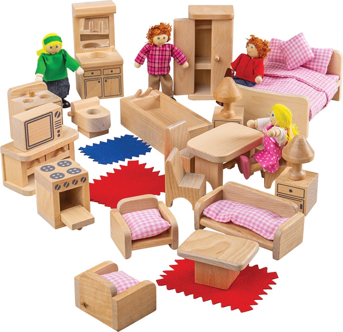 Bigjigs Holzpuppenfamilie mit Möbeln, 26 Teile.