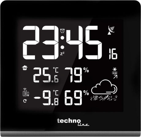 Technoline Wetterstation – ws 9065 – 165 x 170 x 26 mm – Schwarz Silber – mit 1 Außensensor 30 m und einstellbarer Hintergrundbeleuchtung – tl-ws9065